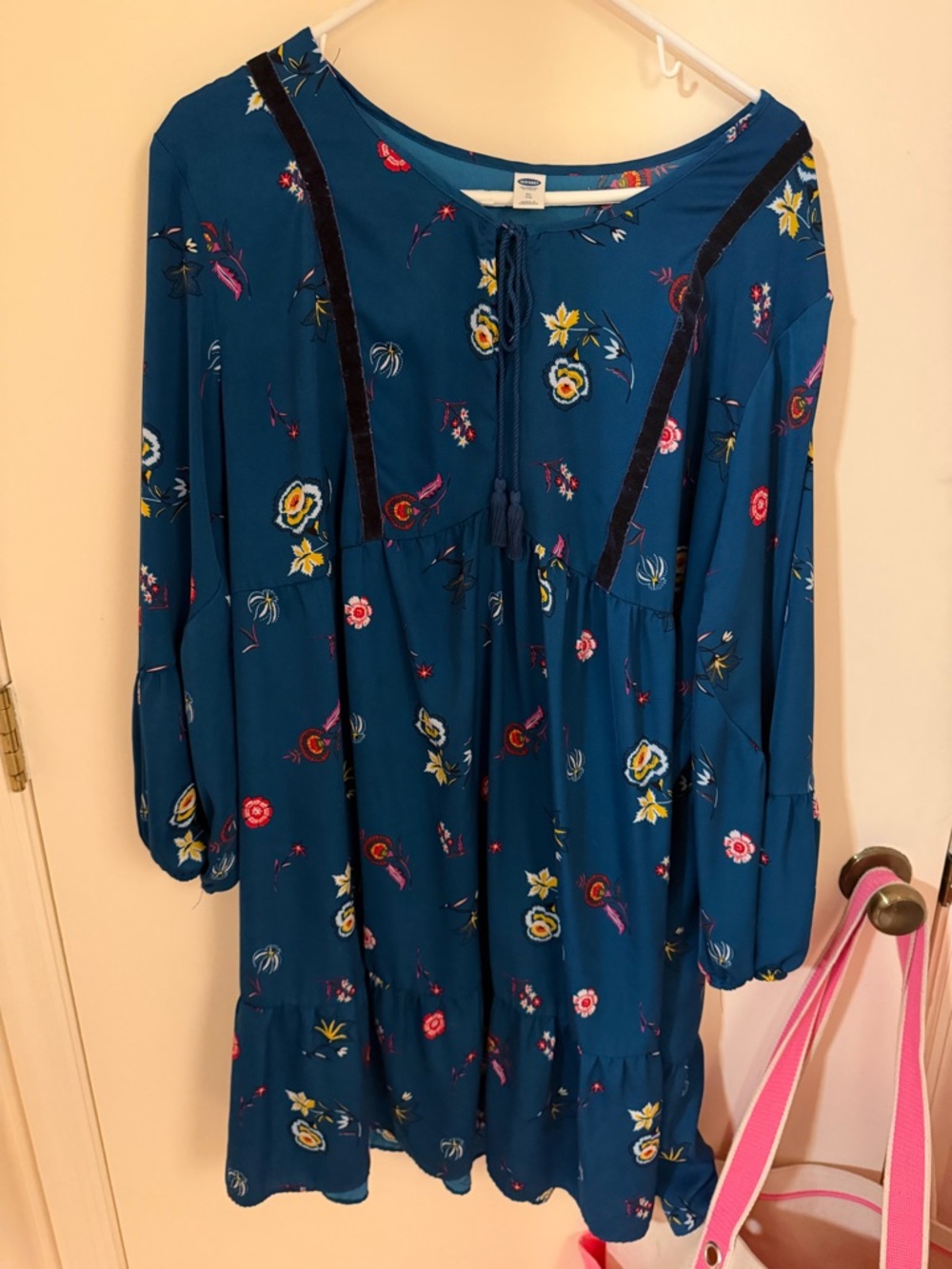 Old Navy Teal Floral Peasant Blouse with Tassel Tie